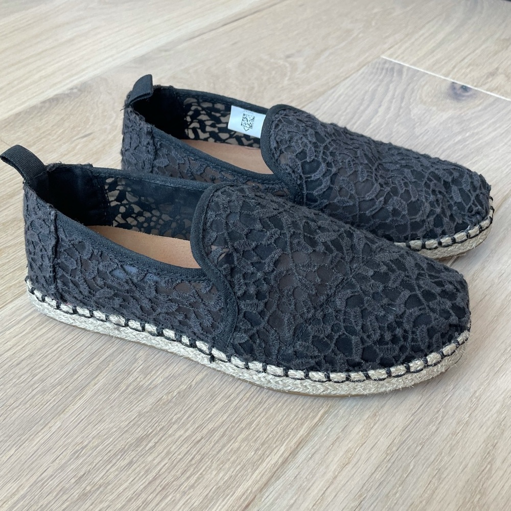 TOMS Black Mesh and Crochet Espadrilles